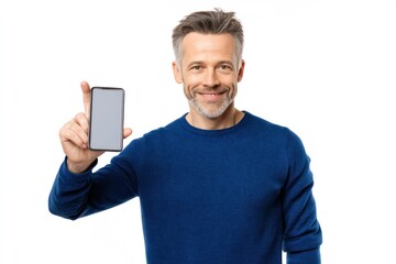 Cheerful Man Pointing at Smartphone for App Mockup