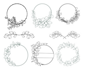 Fototapeta premium Collection of Eucalyptus wreaths and frames, hand drawn botanical line drawing, vector floral line art illustration for wedding, logo, advertising, packaging
