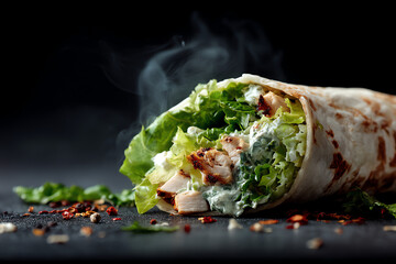 A close-up of a steaming chicken wrap filled with grilled chicken, fresh lettuce, and creamy sauce in a toasted flatbread.
