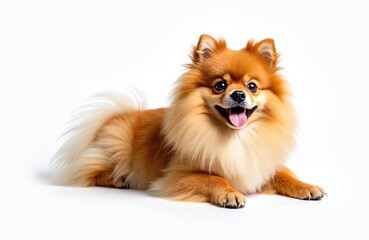 Obraz premium Small orange pomeranian dog lies on white background. Fluffy spitz pet with tongue out. Dog has long fur and white tail. Pet is isolated on white studio background.