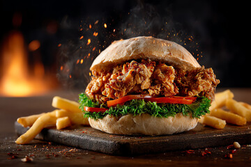 Crispy fried chicken sandwich with lettuce and tomato on a bun, served with French fries.