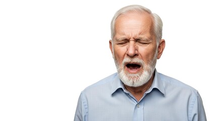 Obraz premium Elderly man in a light blue shirt with gray hair and beard eyes closed and mouth open