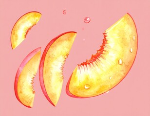 Watercolor Illustration of Sliced Peach with Water Droplets