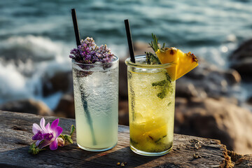 Two tropical cocktails garnished with flowers and pineapple served on a wooden surface by the ocean.