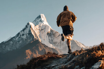 A person wearing a brown jacket and black shorts is trail running uphill in a mountainous area with a snow-covered peak in the background.