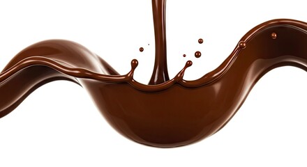 Flowing chocolate glossy and fluid drips and swirls against a stark white backdrop creating a dynamic effect