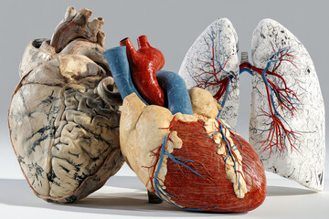 Three detailed anatomical models of human heart and lungs showing veins, arteries, and muscle textures.