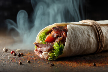 A close-up of a fresh wrap filled with crispy bacon, lettuce, and tomato.