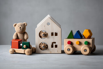 Wooden toy house with gears and shape sorter, wooden toy vehicle with colorful geometric shapes, and a knitted teddy bear on a gray surface.