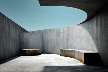 Minimalist concrete architectural space with curved bench and circular roof opening under clear sky.