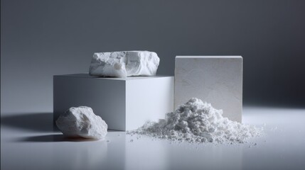 White powder on gray geometric blocks with shadows