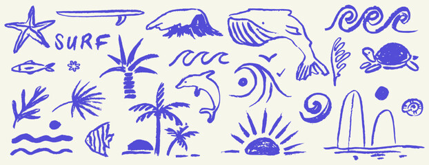 Hand drawn doodle beach and surf vector illustrations set. Tropical coastal season element like palm trees, waves, surfboards, whale, dolphin and sun perfect for exotic holiday or summer design print © KPstudio