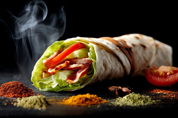 A fresh wrap filled with bacon, lettuce, and tomato with aromatic spices nearby and steam rising.