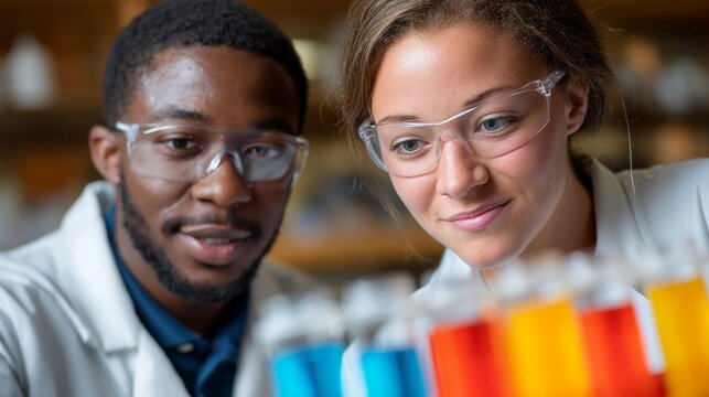 Young scientists working together on colorful chemical reactions in a laboratory during a chemistry class session