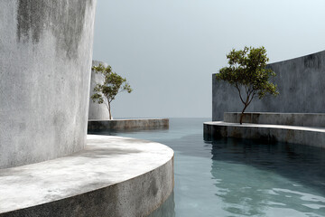 Concrete curved structures with small trees surrounded by calm water.