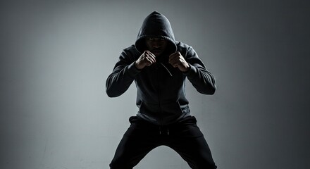 Hooded figure in a fighting stance clenched fists against a gradient gray background