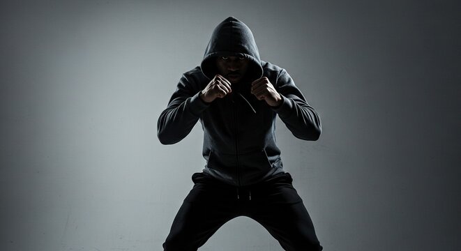 Hooded figure in a fighting stance clenched fists against a gradient gray background