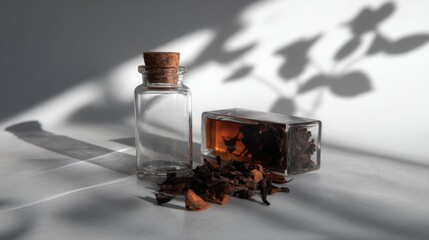 Glass perfume bottle with dried flowers on white surface
