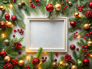 A festive christmas wreath with ornaments, berries, and fairy lights arranged around a blank white frame