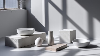 Minimal ceramic and stone display on white platform with hard shadows for interior, branding or product showcase photography