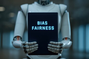 Robot holds tablet showing concept of ai ethics and challenge of bias and fairness in technology.