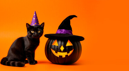 halloween pumpkin and Black cat in a purple witch hat on an orange background