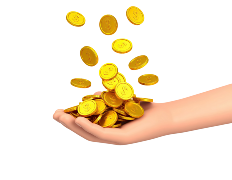 Golden coin falling on hands symbolizing wealth, success, and financial growth concept used for business prosperity isolated on white background