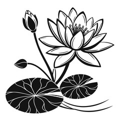 Obraz premium Black and white stylized water lily flower with buds and leaves