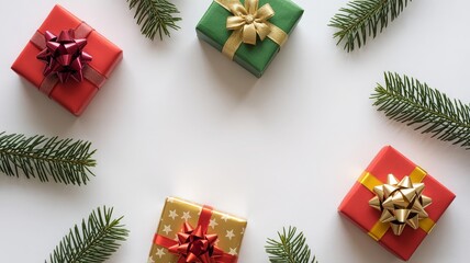 Minimalist Christmas flat lay with red, green and gold gift boxes on white background