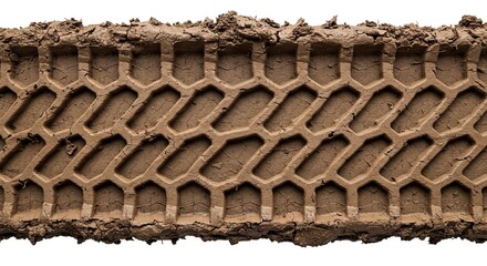 Muddy tire track imprinted on ground detailed hexagonal pattern