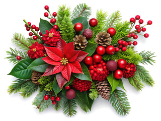 Traditional christmas floral arrangement with poinsettia, pine branches, berries, and pine cones
