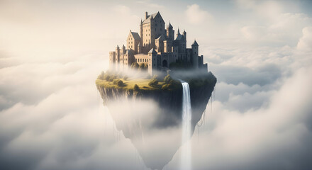 A majestic fantasy castle on a floating island high in the sky above the clouds.