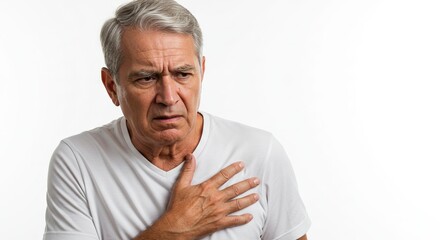 Mature man white shirt distressed hand on chest Light background