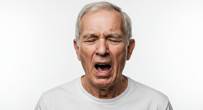 Mature man grimaces eyes closed mouth open wearing a white shirt against a stark white background - Powered by Adobe