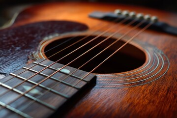 Close-up of Acoustic Guitar Soundhole and Strings Detail