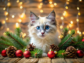 Cute fluffy kitten with blue eyes sitting among pine branches and christmas ornaments with bokeh lights