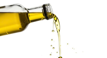Oil being poured from a clear glass bottle showing a clear yellow liquid