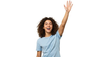 Person with curly hair wearing a blue shirt raises a hand in greeting