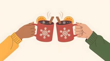 Two hands holding red mugs filled with steaming mulled wine garnished with orange slices and cinnamon sticks for a festive celebration