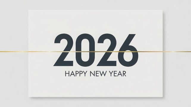 Elegant New Year 2026 card design with glowing golden-yellow neon text and warm amber illumination on a deep black background