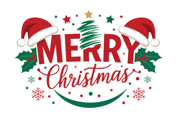 merry christmas greeting with santa hats holly tree and snowflakes in festive red green holiday design