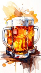 Watercolor illustration of three mugs of cold beer