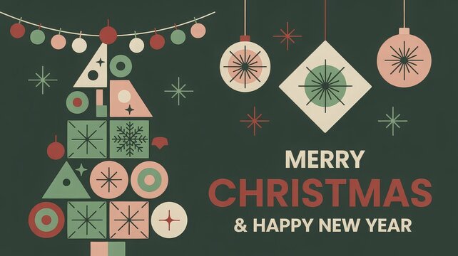 Mid-century modern Christmas card featuring geometric tree, festive ornaments, and bold holiday text on forest green
