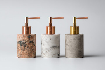 Three elegant soap dispensers with marble, stone, and concrete textures and metallic pump tops in copper and gold tones.