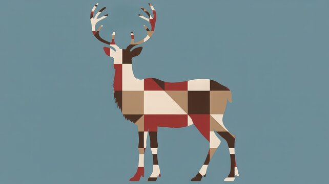 Geometric reindeer Christmas card with layered brown, red, and white shapes on crisp blue winter background