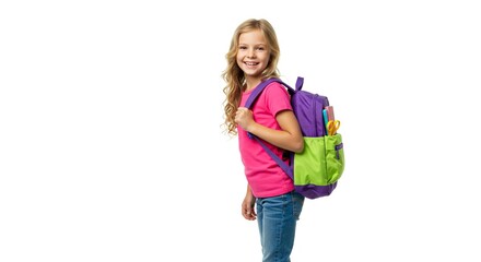 Smiling young girl with a backpack wearing a pink shirt and jeans