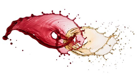 Splashing red and white wine create a dynamic collision midair