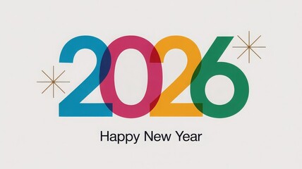 Minimalist New Year 2026 greeting with multicolor rounded numerals and gold starburst accents on white background
