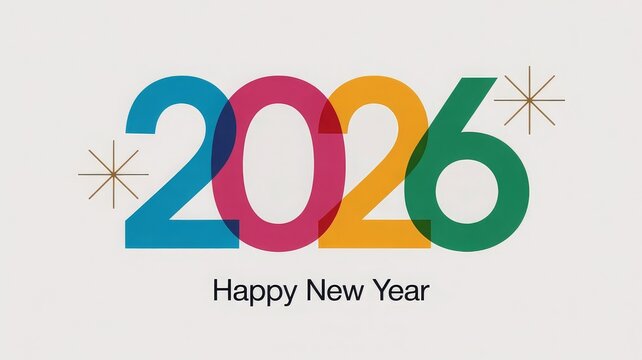 Minimalist New Year 2026 greeting with multicolor rounded numerals and gold starburst accents on white background