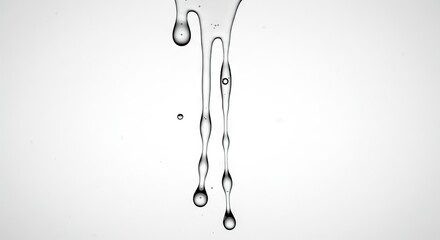Transparent liquid drips with elongated shapes on a white background